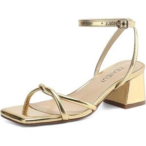 Teaieui Womens 6 Shiny Gold Open Toe 2.5" Block Heel Ankle Strap Sandal Shoes